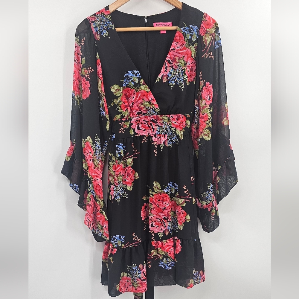 Floral Black Dress with Red and Pink Roses Size 10 - Picture 9 of 11